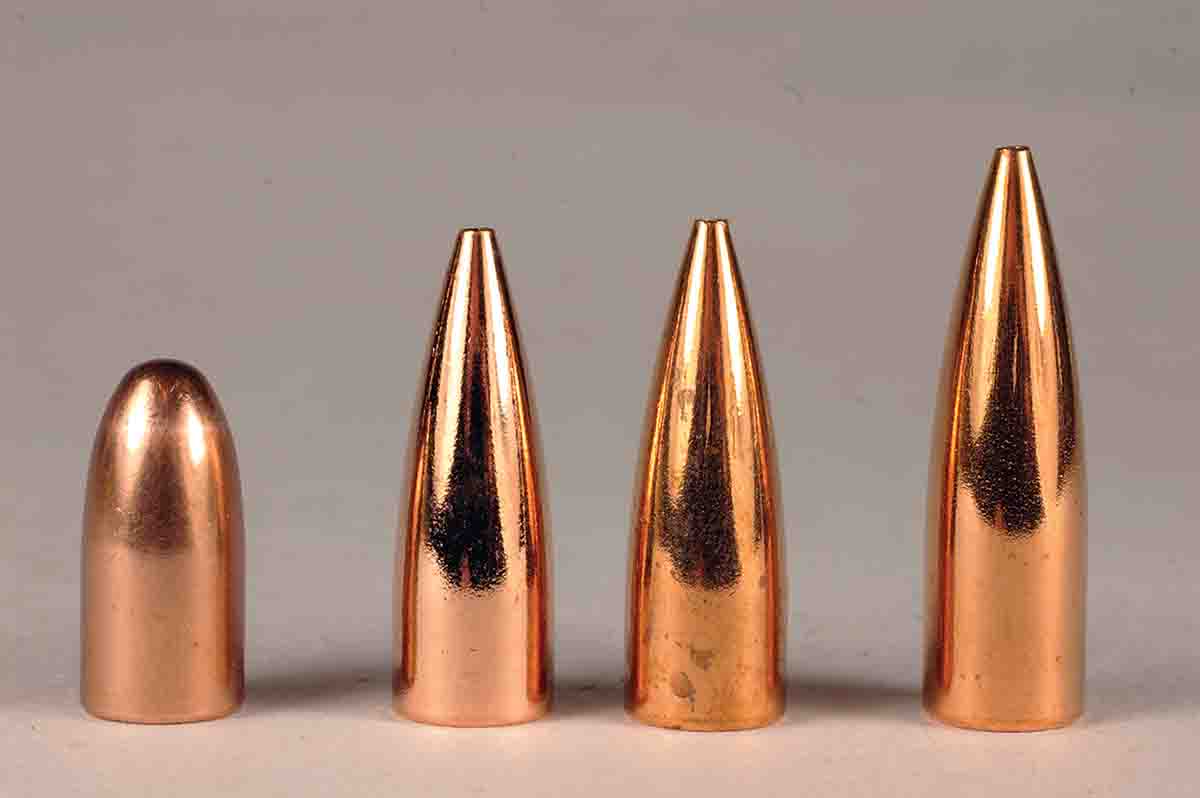 Bullets with a tapered ogive provide a much higher ballistic coefficient than roundnose bullets. These .30-caliber bullets include (left to right): Sierra 110-grain FMJ and Berger 110-, 115- and 135-grain flatbase Varmint bullets.